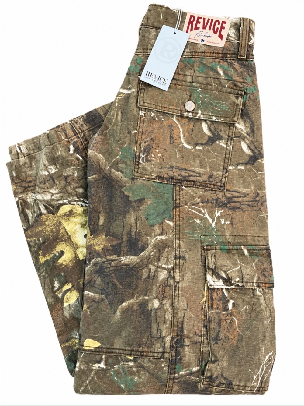 REVICE women’s Camouflage Cargo Pants - Brown/Green baggy with ties